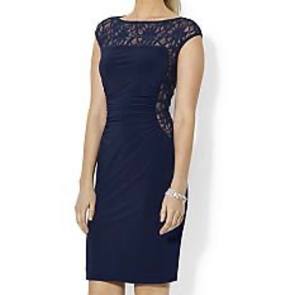Lauren Ralph Lauren Navy Blue Lace Sequin Ruched Cap Sleeve Lined Sheath Dress 4